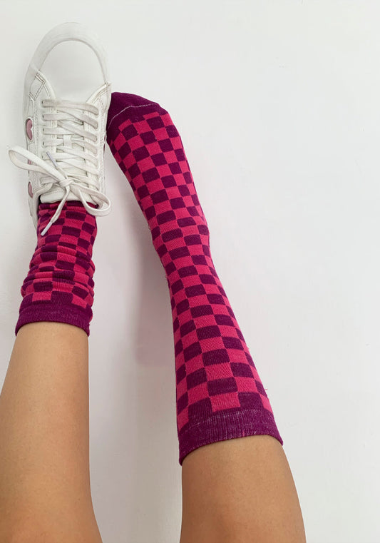 Calcetas "Xadrez" Fucsia con Rosa